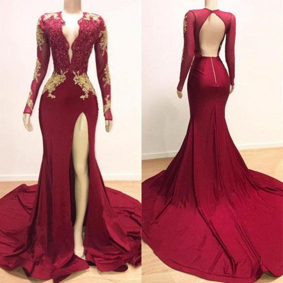 Deep V-neck Long Sleeves Lace Appliques Split Mermaid Evening Gowns_2