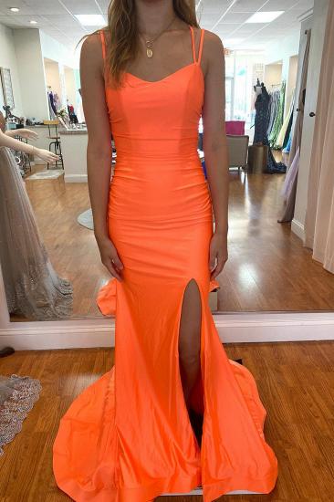Orange Sweetheart Spaghetti Strap and Floor Slit Prom Dresses｜Backless Mermaid Prom Dresses
