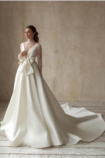 Elegant Deep V-Neck Satin Wedding Dress with Sweep Train Long Sleeves BowTie Aline Bridal Dress_1