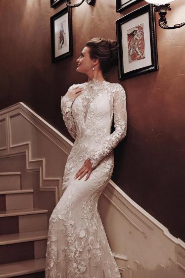 Elegant Long Sleeves White Lace Mermaid Wedding Dress_2