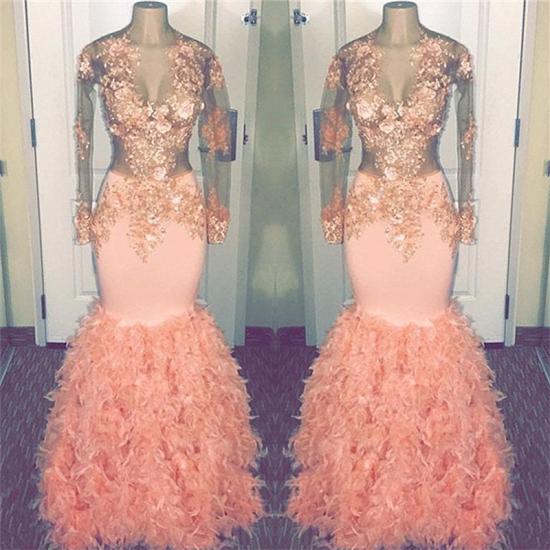 Beads Lace Appliques Cheap Prom Dresses 2022 | Long Sleeve Mermaid Coral Pink Evening Gowns Cheap_3