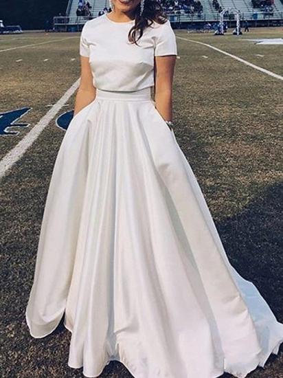 Casual Plus Size A-Line Wedding Dresses Jewel Satin Short Sleeve Bridal Gowns with Sweep Train_1