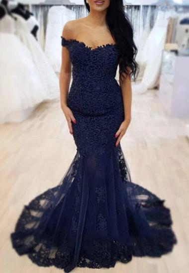 Elegant Mermaid Lace Dark Navy Prom Dresses | Off-the-Shoulder Sleeveless Evening Gowns