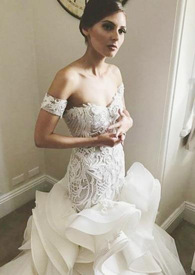 Wunderschöne schulterfreie Meerjungfrau Rüschen Brautkleider | 2022 White Lace Appliques Zipper Wedding Dress