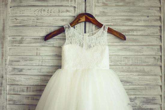 Cheap Lace Short Sleeve 2022 Flower Girl Dress A-Line Tulle Sleeve Wedding Dress_2