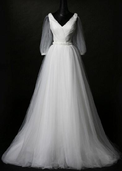 A-Line White Tulle Long Sleeve Wedding Dress Formal V-Neck Crystal Sweep Train Bridal Gown