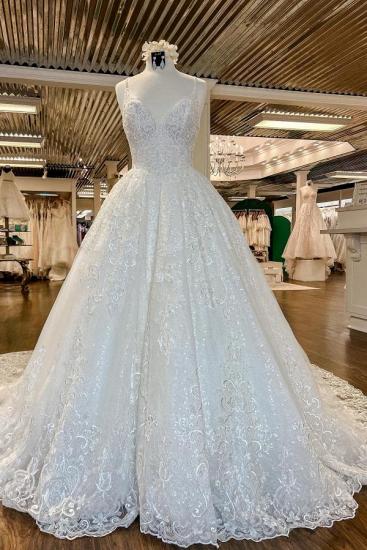 Chic Floral Lace Aline Wedding Dress V-Neck Sleeveless Backless Bridal Dress_1