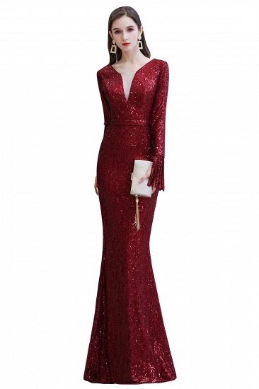 Elegant Sparkle Sequined Burgundy Long sleeve V-neck Mermaid Long Prom Dress_1