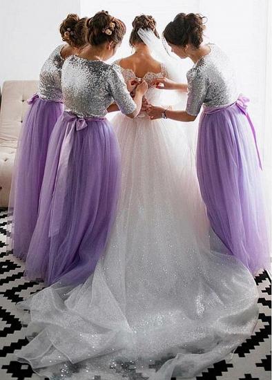 Shop Beautiful Sequin Lace Jewel Lavender Purple A-line Bridesmaid Dresses With Belt for Beach Wedding_6