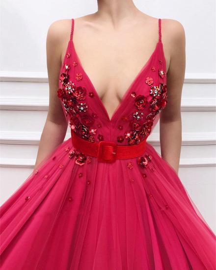 Sexy Spaghetti Straps V Neck Burgundy Prom Dress | Chic Tulle Flower Beading Long Prom Dress with Sash_3