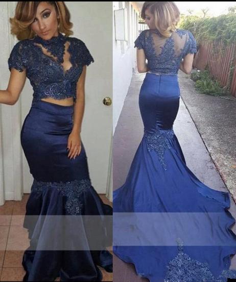 Dark Navy Mermaid Two Pieces Prom Dresses 2022 Short Sleeves High Neck Evening Dresses_1