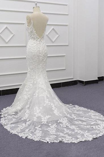 Schicke Spaghetti-Träger Ärmelloses Meerjungfrau-Hochzeitskleid | Brautkleider aus weißer Spitze mit Applikationen_5