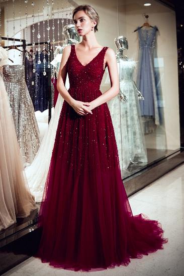 MELANIE | A-line Long V-neck Sleeveless Burgundy Sequins Tulle Evening Dresses_5