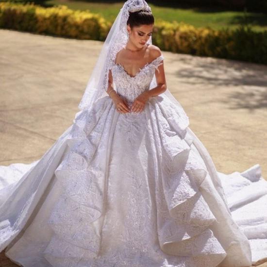 Gorgeous Off Shoulder Princess Ball Gown Bridal Gown with Cathedral Train_2