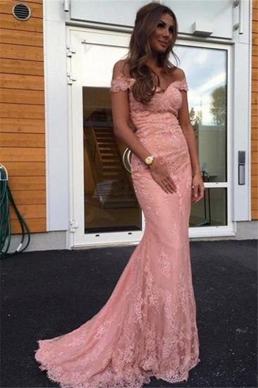 Pink Mermaid Off the Shoulder Prom Dresses 2022 Lace Sweep Train Evening Gowns_2