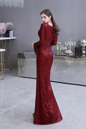 Elegant Sparkle Sequined Burgundy Long sleeve V-neck Mermaid Long Prom Dress_18