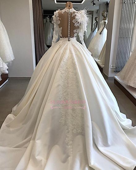 Long-Sleeves Brilliant High-Neck Appliques Flowers Feather Wedding Dresses_2