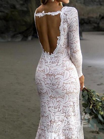 Stilvolles Spitzen-Hochzeitskleid mit V-Ausschnitt und langen Ärmeln, vorne geschlitzte Brautkleider mit Schleppe_3