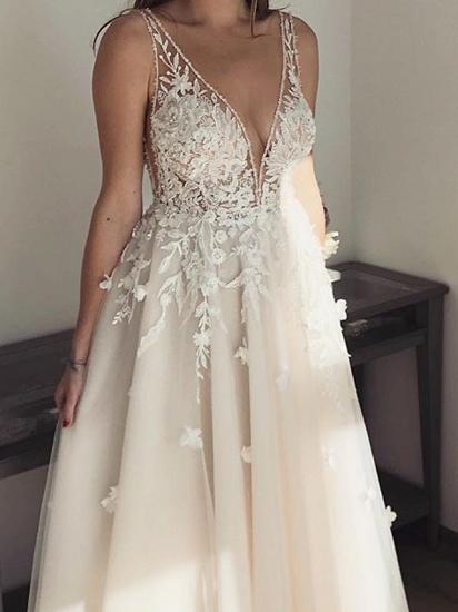 Country A-Line Wedding Dress Plunging Neck Lace Tulle Sleeveless Sexy See-Through Plus Size Bridal Gowns_2