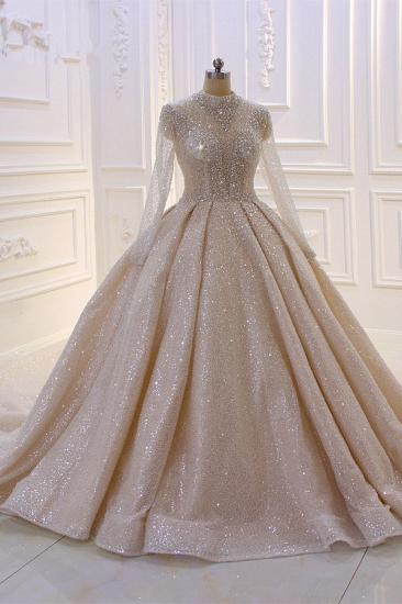 Shiny Sequined Long sleeves Pleats Champange Wedding Dress