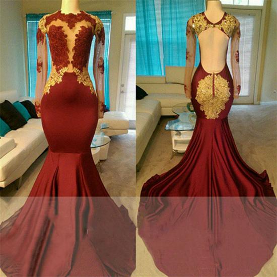 Open Back Gold Lace Burgundy Prom Dress | Mermaid Sheer Tulle Long Evening Gown_1