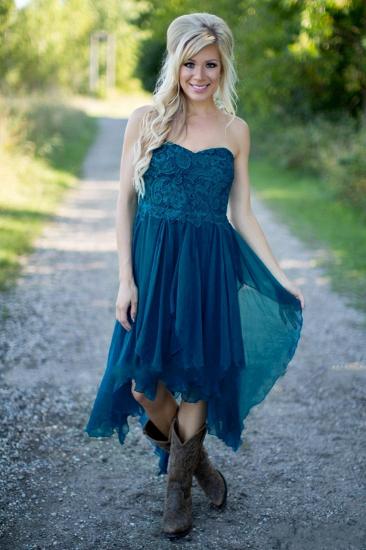 Teal Country Bridesmaid Dresses Lace Top Tiers Chiffon Hi-Lo Party Dresses for Wedding_3