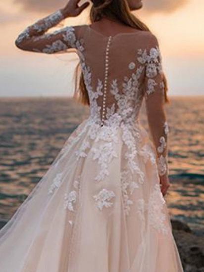 A-Line Wedding Dress Bateau Lace Tulle Long Sleeves Bridal Gowns Formal See-Through with Court Train_4