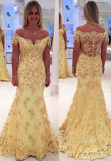 Off The Shoulder Lace Appliques Prom Dresses 2022 Yellow Sheer Back Evening Gown_1