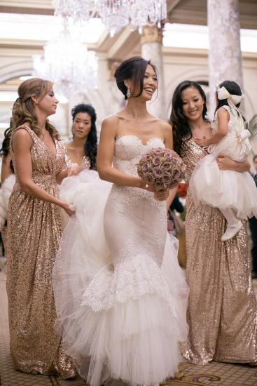 V-Ausschnitt Splitter Pailletten Langes Brautjungfernkleid Beliebte Günstige Plus Size Brautkleider für Frauen