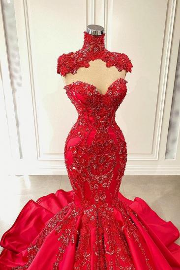 Elegantes langes rotes Rollkragen-Spitzen-Abendkleid | Ärmelloses Ballkleid aus Spitze_2
