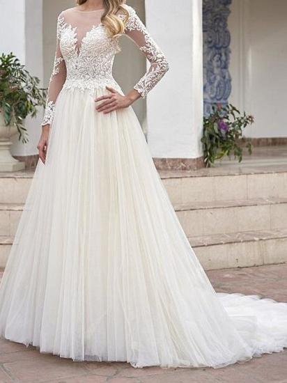Country Plus Size A-Line Wedding Dress Jewel Lace Tulle Long Sleeves See-Through Bridal Gowns with Sweep Train