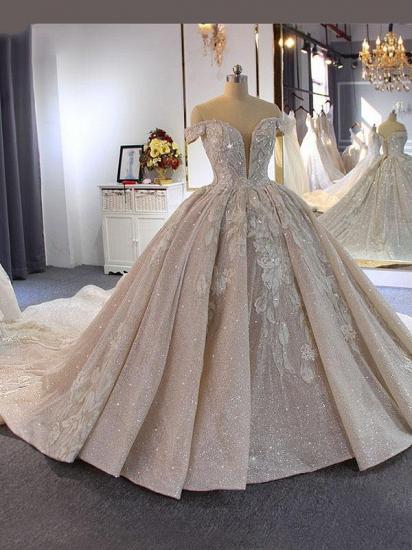 Off The Shoulder Sequins Appliques Ball Gown Wedding Dresses | Sweetheart Pleated Bridal Gowns With Court Train_1