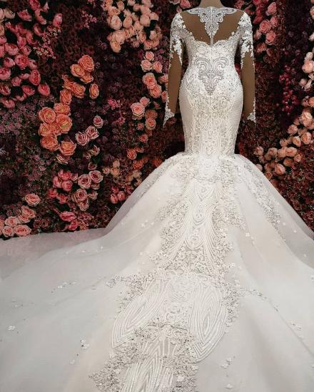 Luxury Crystals Mermaid Bridal Gowns | Long Sleeves Chapel Train Wedding Dresses_3