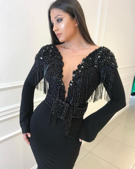Deep Sexy V-neck Open Back Black Prom Dresses | Fit and Flare Elegant Long Sleeve Beads Tassels Evening Gown_4