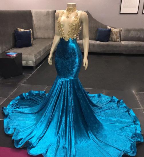 High Neck Illusion Neckline Sleeveless Long Train Appliqued Mermaid Prom Gowns_3