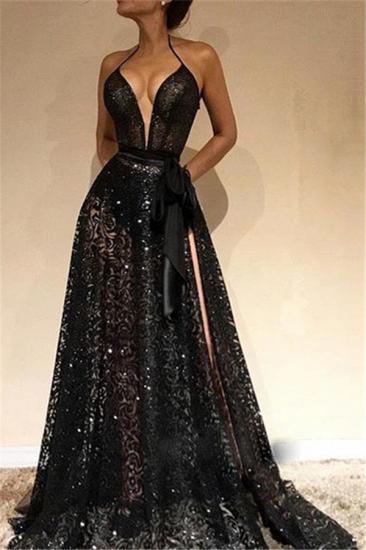 Sexy Black Lace Sleeveless Evening Dresses 2022 | Side Slit Halter Cheap Prom Dresses_2