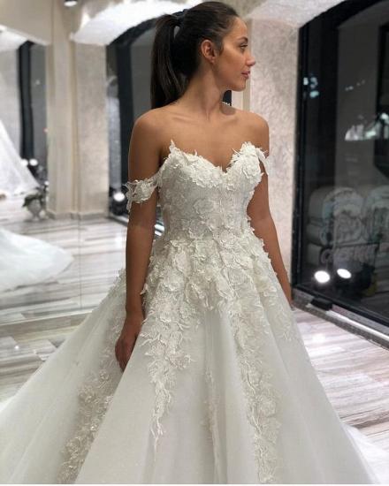 Gorgeous Off Shoulder 3D Floral A-line Wedding Dress Tulle Bridal Dress_2