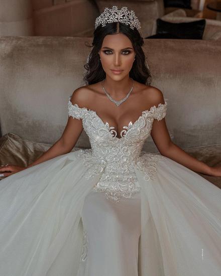 Ivory A-line Princess Off-the-shoulder Lace Wedding Dresses_3