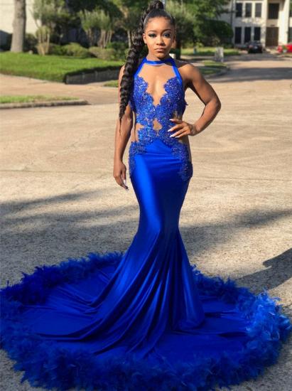 Gorgeous Lace Appliques Feather Prom Dress | Royal Blue Sexy Evening Gown
