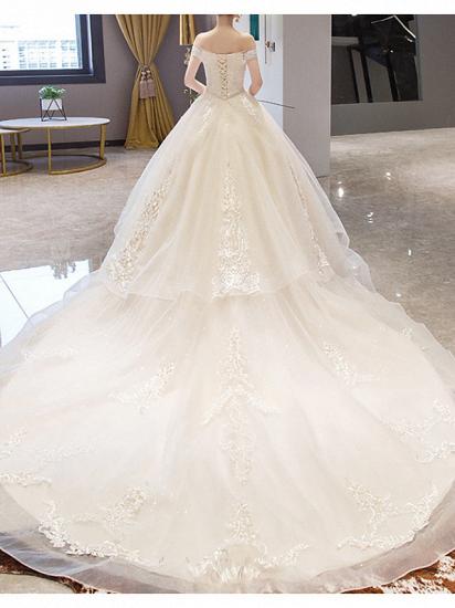 Casual Plus Size A-Line Wedding Dresses Off Shoulder Lace Sleeveless Bridal Gowns with Court Train_4