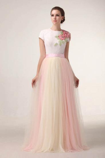 Short Sleeve Sequins Prom Dress Colorful Tulle Long Cheap Evening Dress with Flowers