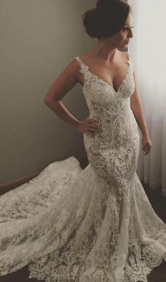 Sexy Sleeveless V-Neck Wedding Dress | Mermaid Bridal Gowns with Lace Appliques_4