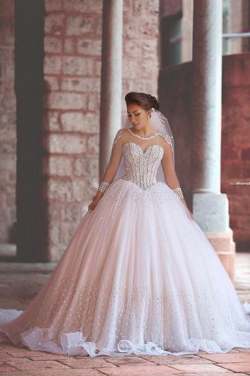 Luxuriöse, langärmlige, durchscheinende Tüll-Hochzeitskleider 2022 Perlen verzierte Ballkleid-Brautkleider_1