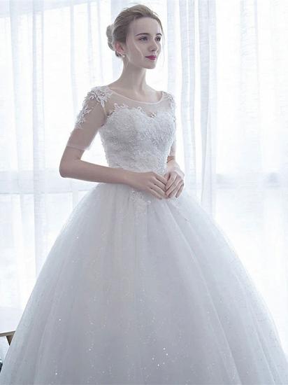 Half Sleeves Tulle White Lace Ruffles Ball Gown Wedding Dresses_3