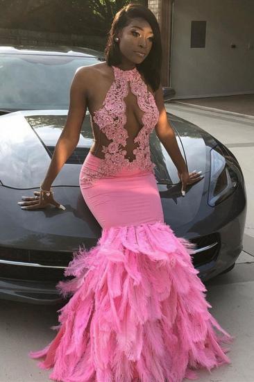 Pink Halter Mermaid Feather Prom Dress Appliques Evening Dressing_1