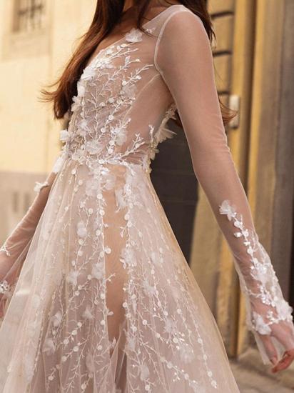 Beach A-Line Wedding Dress Scoop Lace Tulle Long Sleeve Sexy See-Through Bridal Gowns_3