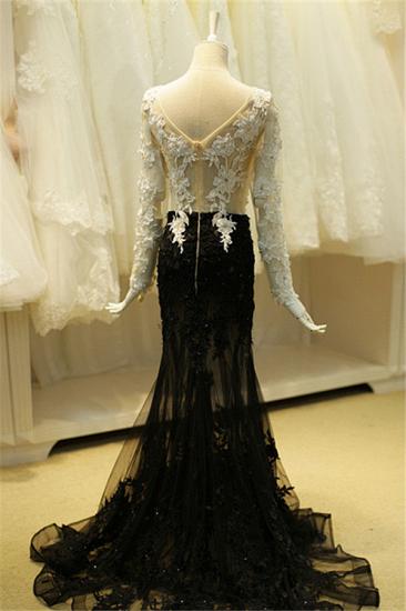 Long Sleeve Flowers Prom Dresses 2022 V-neck Sheer Tulle Mermaid Black Evening Dress_3