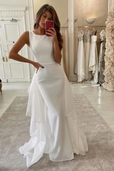 Simple Sleevelss Square neck White Chiffon Wedding Dress with Overskirt