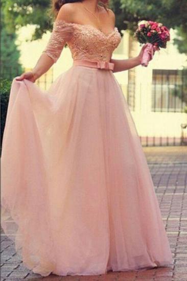 A-Line Cute Pink Half Sleeve Evening Dress Off Shoulder Lace Sweep Train Bridal Gown_1