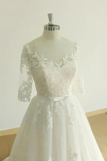Einzigartiges Halbarm-Spitzen-Tüll-Hochzeitskleid | A-Linie Brautkleider mit weißen Applikationen_4